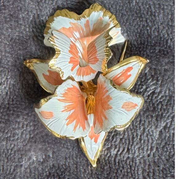 Signed Cerrito Original 1982 Brooch – Enamel Orchid Floral Gold Tone Pin - Picture 3 of 8